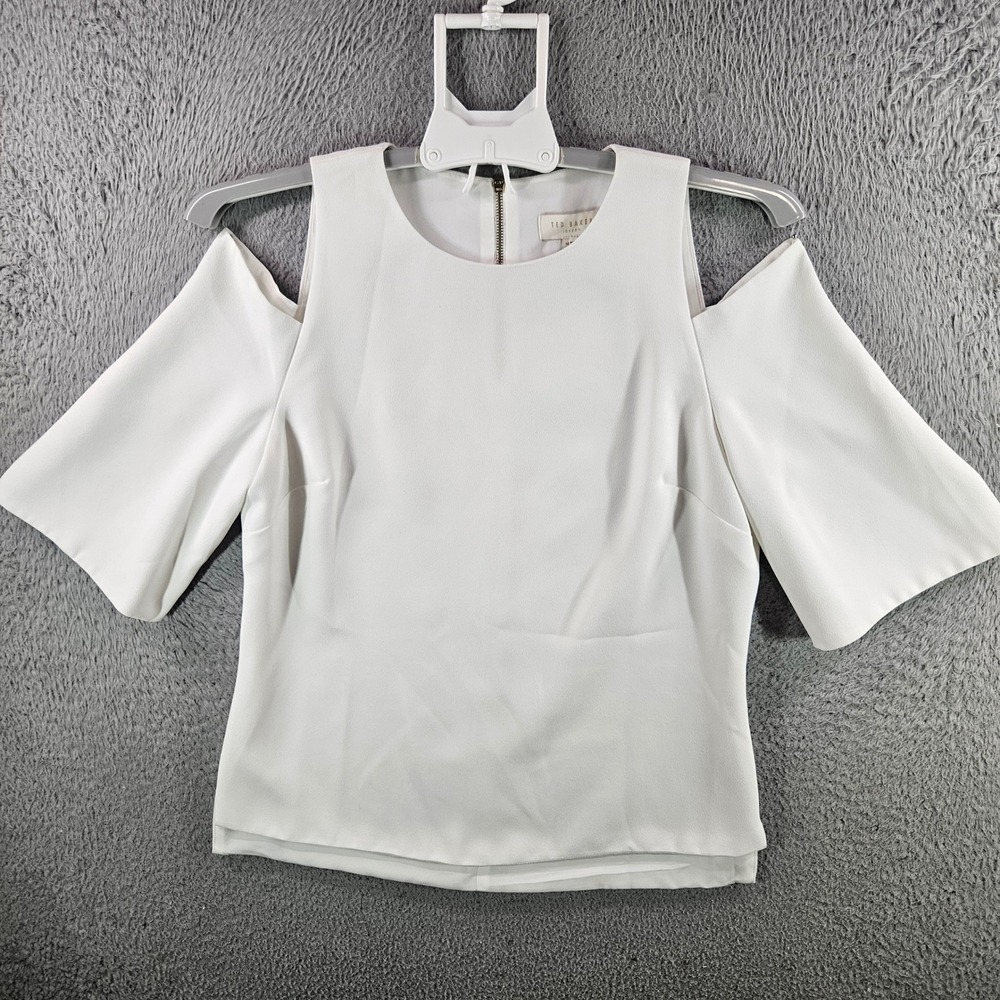 Ted Baker London Womens White Cold Shoulder Blouse Wide Sleeve Gold Zip Top Sz 2